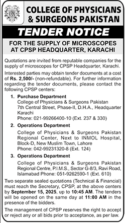 College of Physicians & Surgeons Pakistan Karachi Tender Notice
